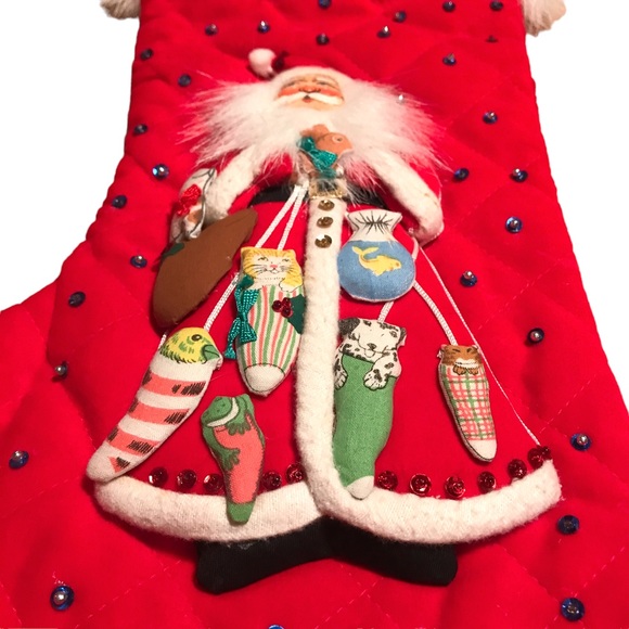 Vintage Quilted Sequin Santa Animals Pets Christmas Stocking Fur Cuff 18" Kitsch - Picture 4 of 14